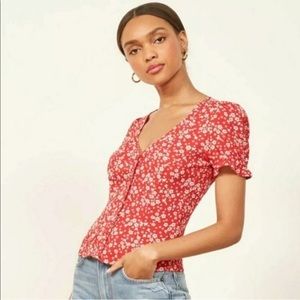 COPY - Reformation Allegra Red White Floral V Nec…